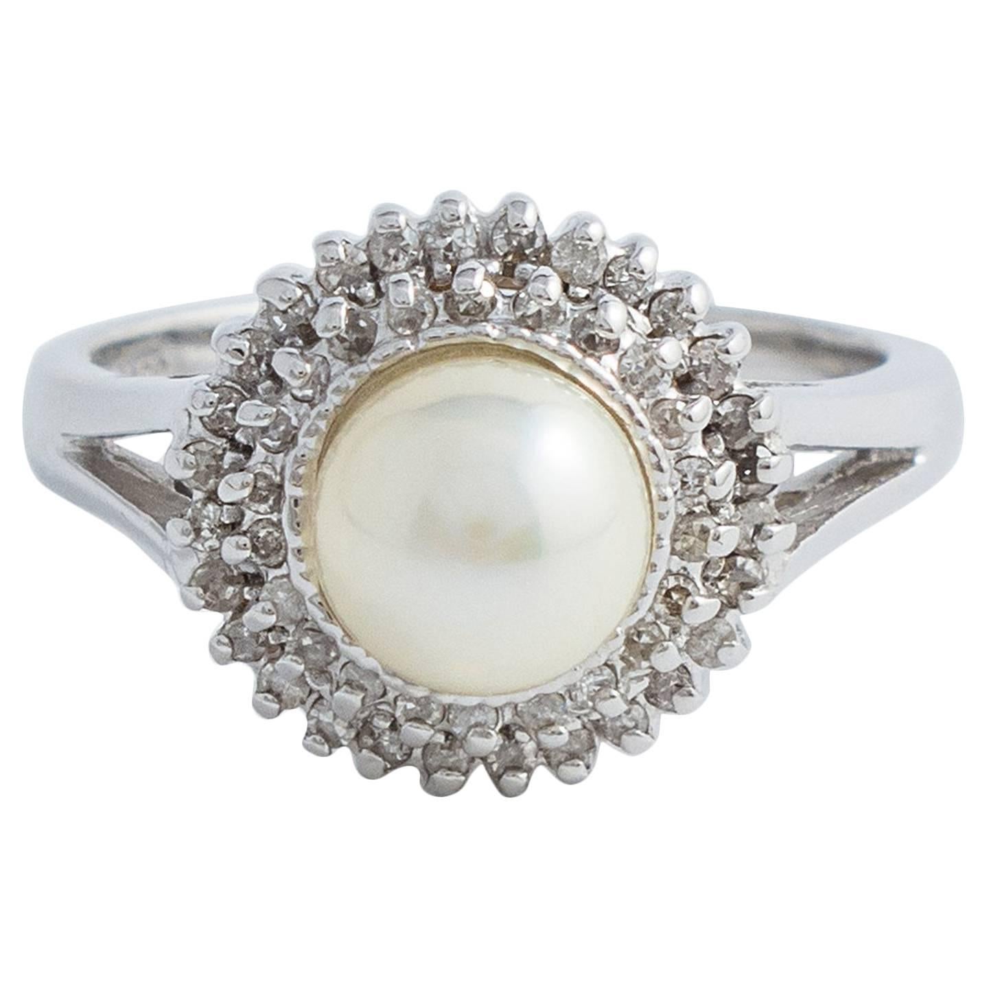 Akoya Pearl and Diamond White Gold Ring For Sale