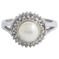 Vintage Akoya Pearl and Diamond White Gold Ring