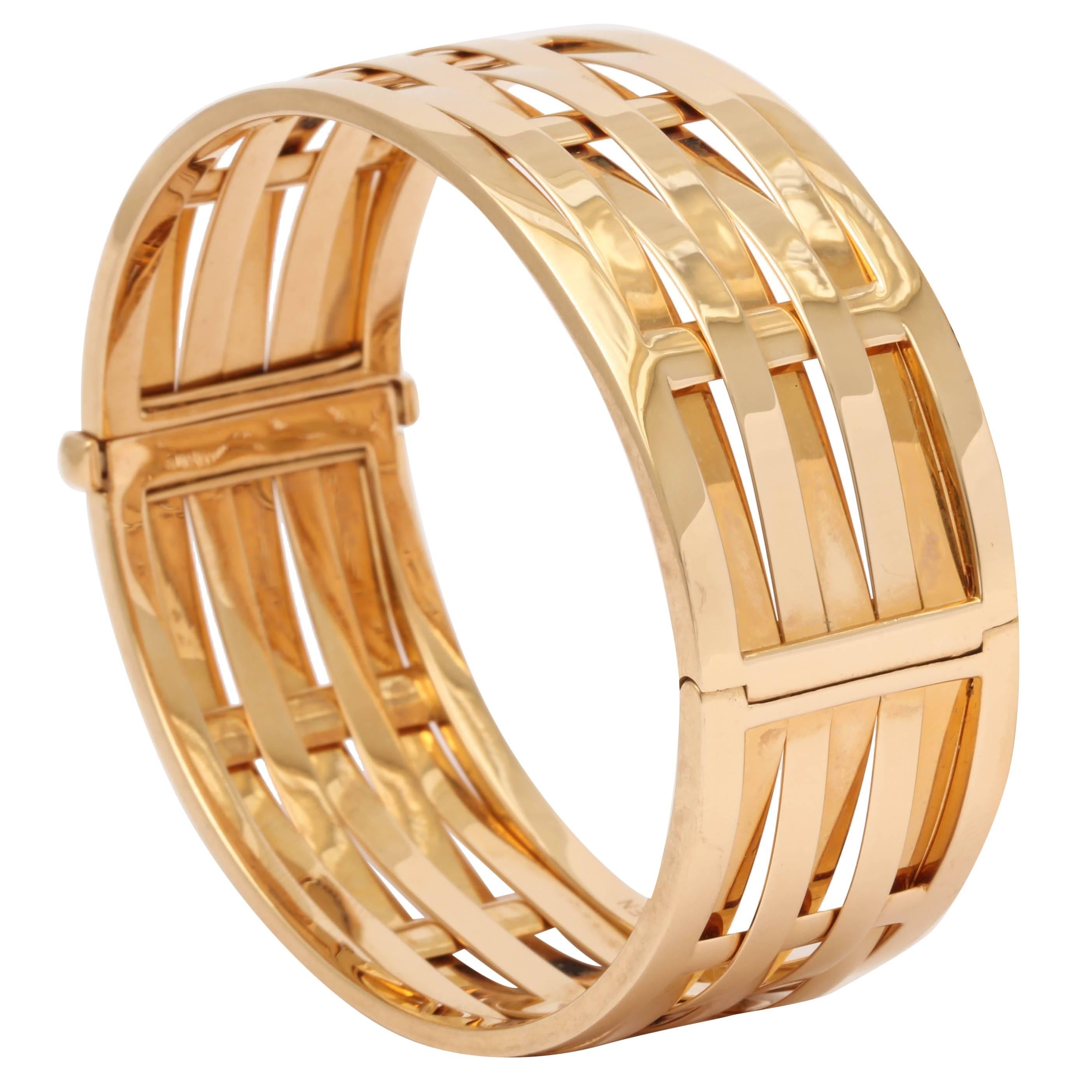 1990's Ralph Lauren Pair Basket Weave Pattern Hinged Gold Bangle Bracelets