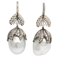 Baroque Pearl Diamond Bud Earrings 7