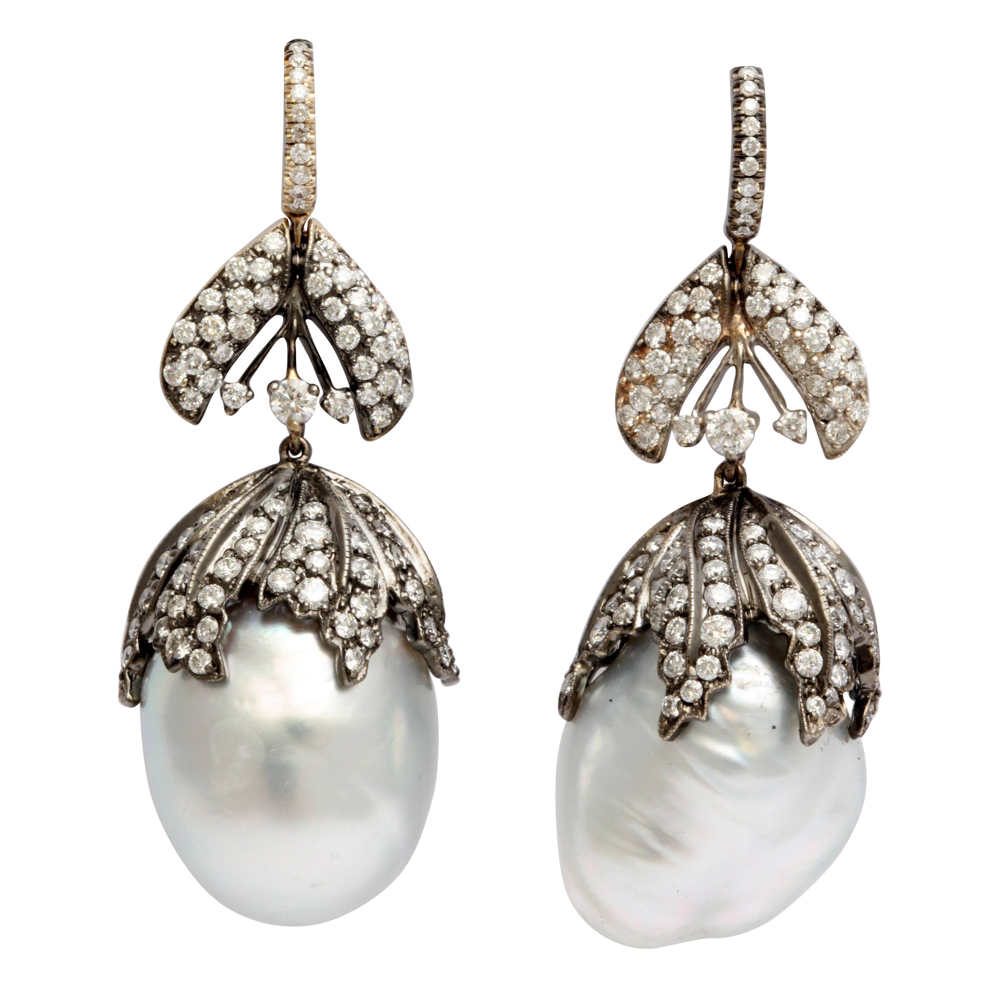 Baroque Pearl Diamond Bud Earrings