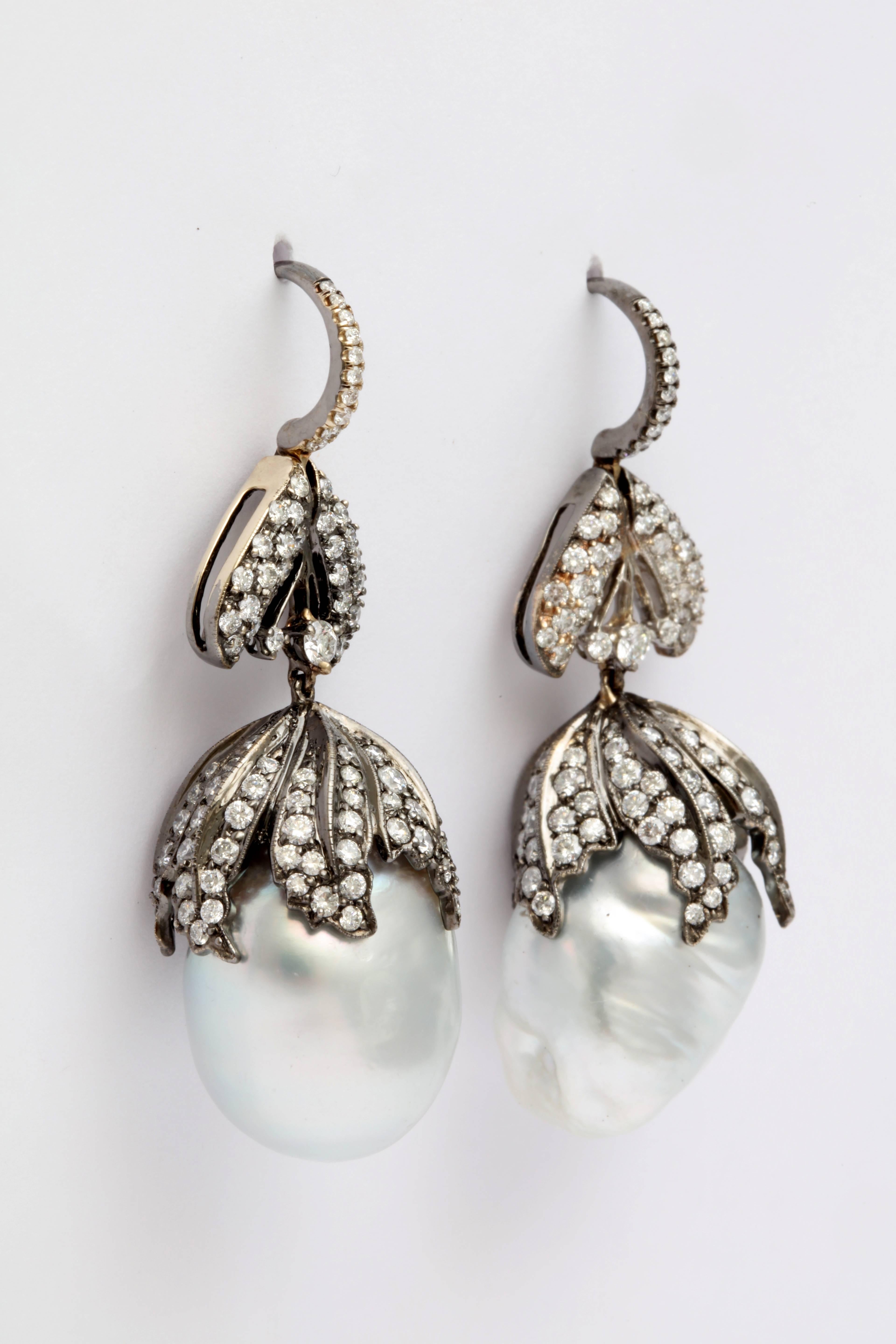 Contemporary Baroque Pearl Diamond Bud Earrings