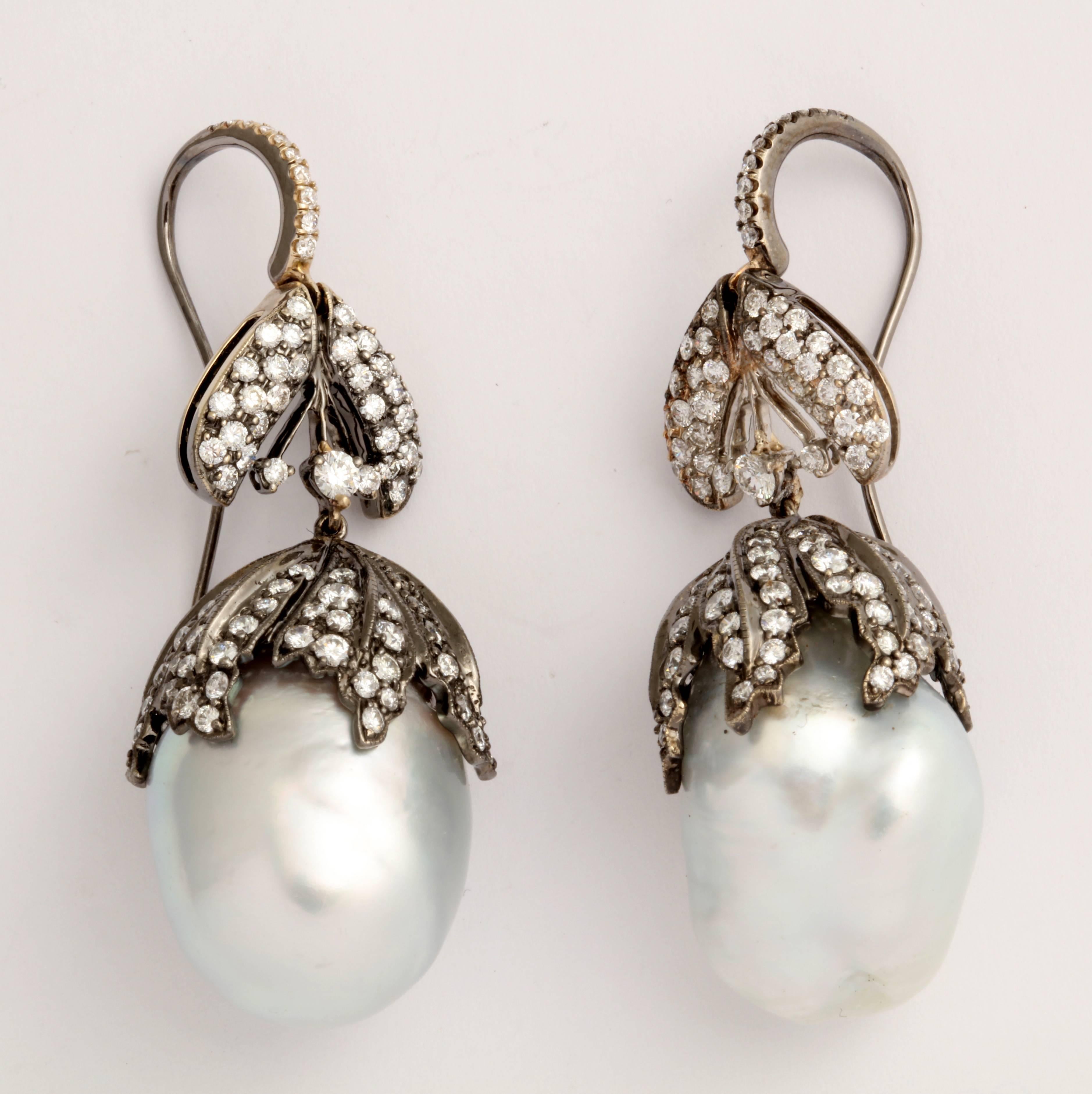 Baroque Pearl Diamond Bud Earrings In Excellent Condition In Fifth Avenue, NY