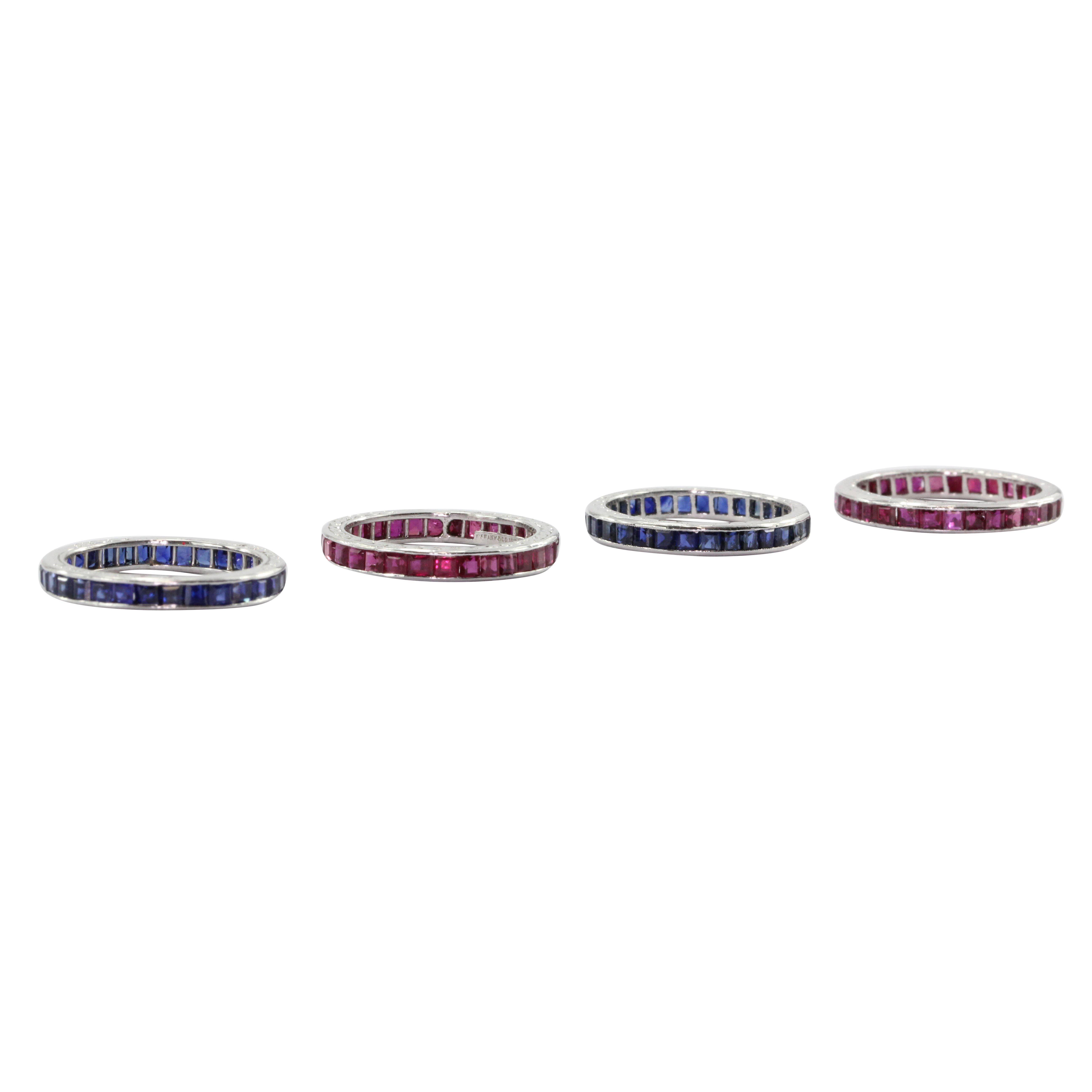 4 Stackable Art Deco Tiffany & Co Platinum Ruby Sapphire Eternity Bands c.1930. The rings are in great antique estate condition and ready to wear. Two of the rings were sized at one point previously which made their hallmarks blurry. The
