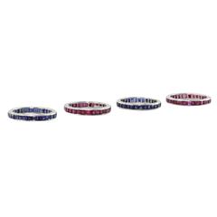 Tiffany & Co. Four Stackable Art Deco Ruby Sapphire Platinum Eternity Band Rings