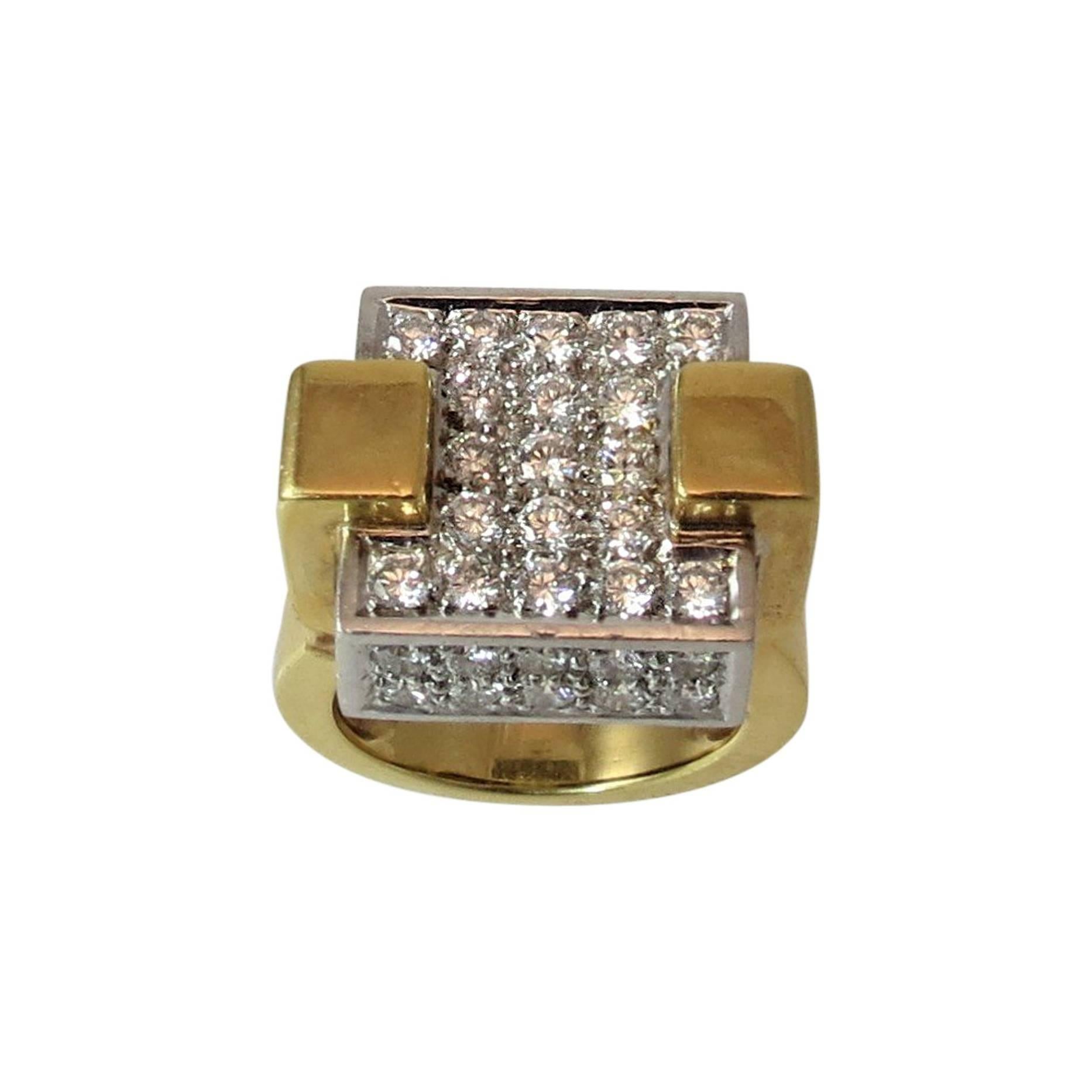 Dramatic 18 Karat Yellow Gold and Platinum Pave Diamond Square Design Ring