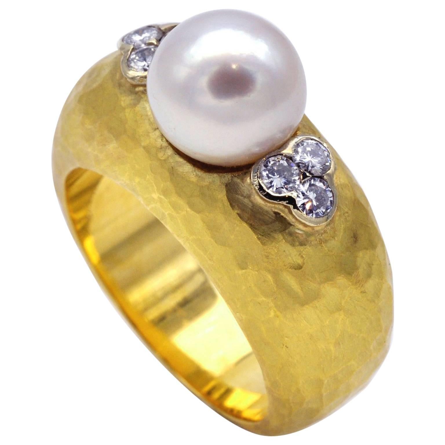 Diamond and Pearl Hammered Gold Cocktail Ring For Sale