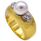 Diamond and Pearl Hammered Gold Cocktail Ring