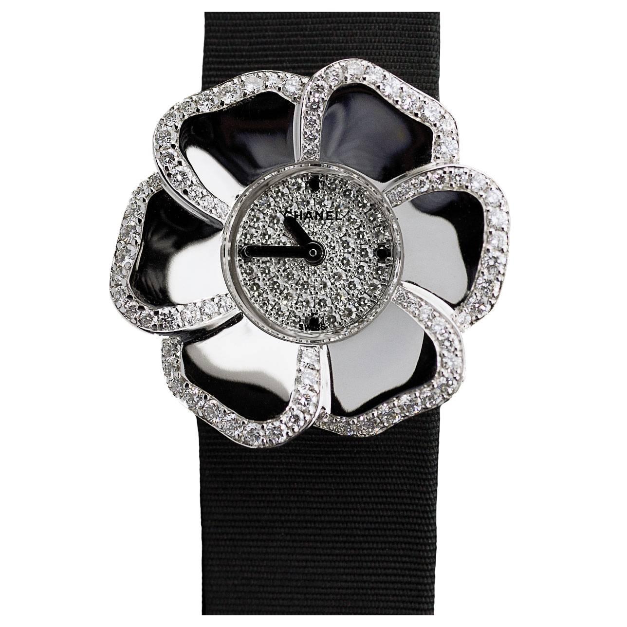 Chanel White Gold Diamond Camelia Flower Jewelry Dress Watch