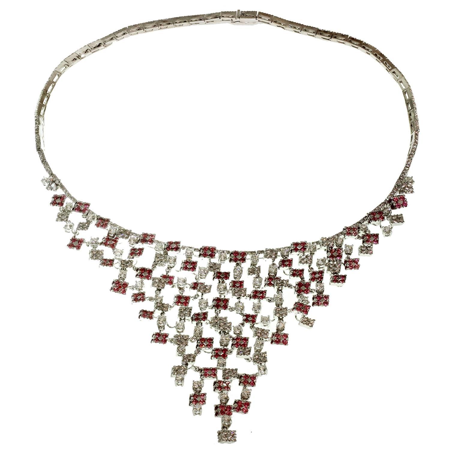White Gold, 18k Diamond Pink Sapphire Bib Necklace.Made in Italy For Sale