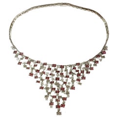 White Gold, 18k Diamond Pink Sapphire Bib Necklace.Made in Italy