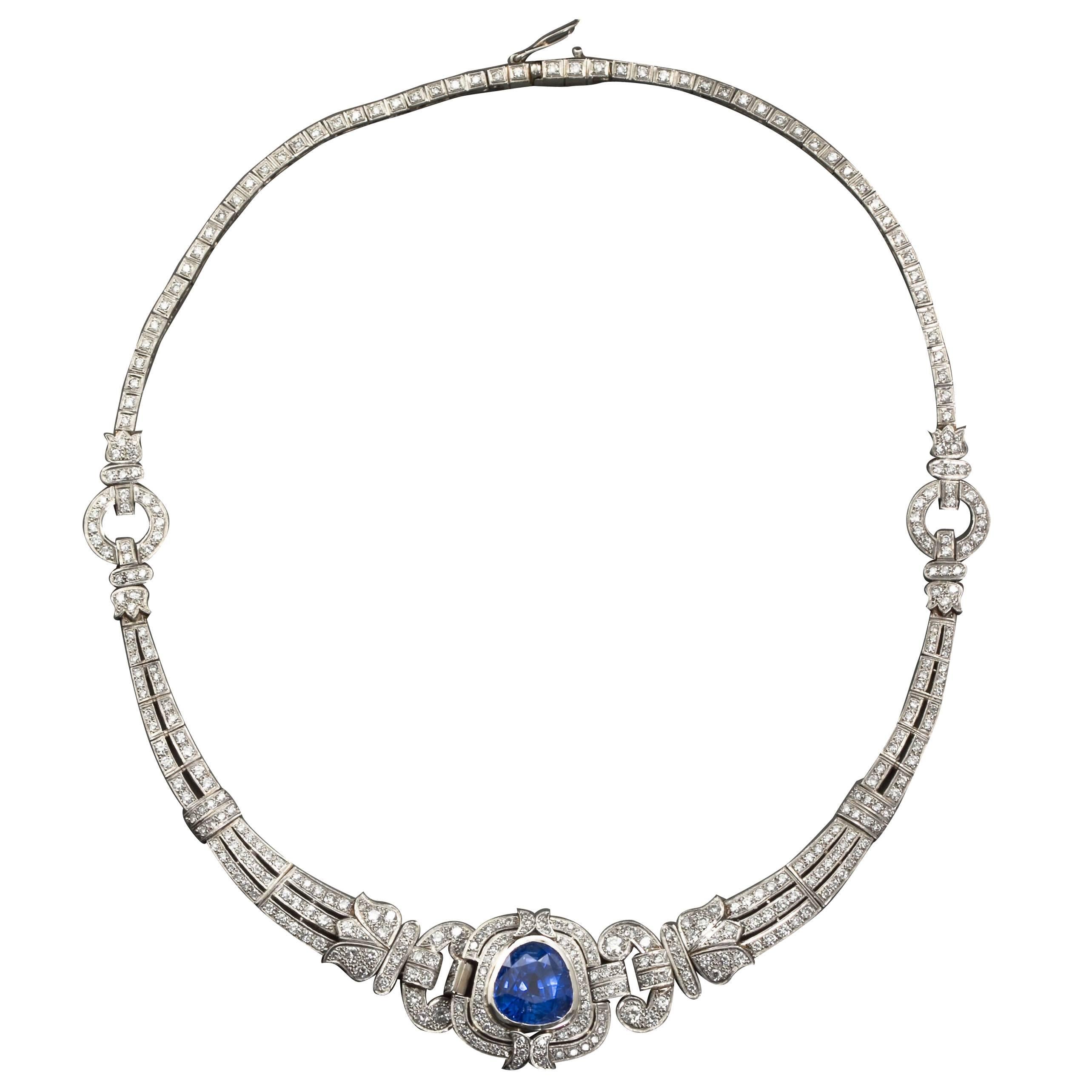 Art Deco Sapphire Diamond Platinum Necklace GIA Cert No Heat 15 Carat