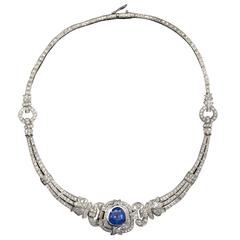 Art Deco Pear Shaped GIA Blue Sapphire Diamond Platinum Necklace 4