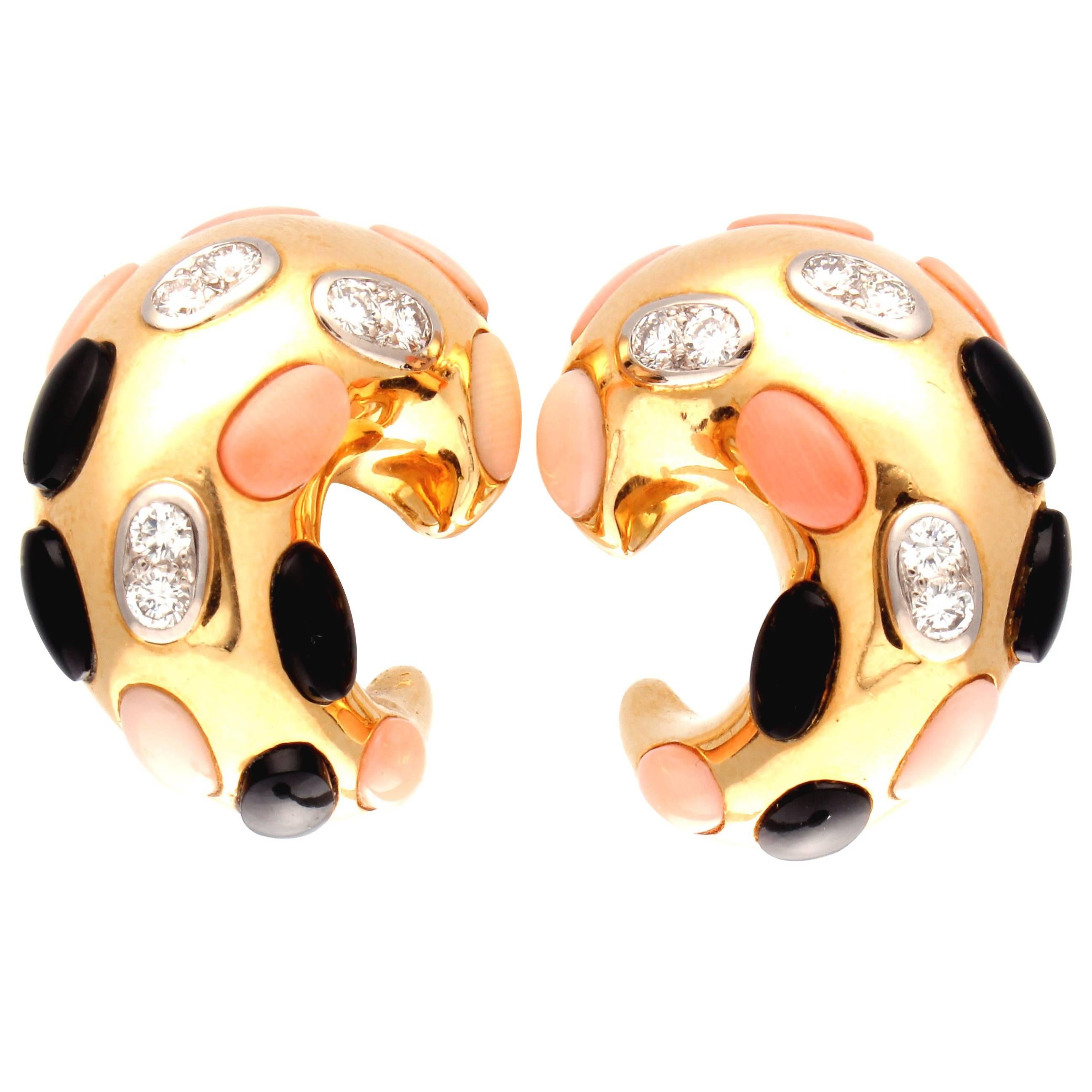 Coral Onyx Diamond Gold Earrings