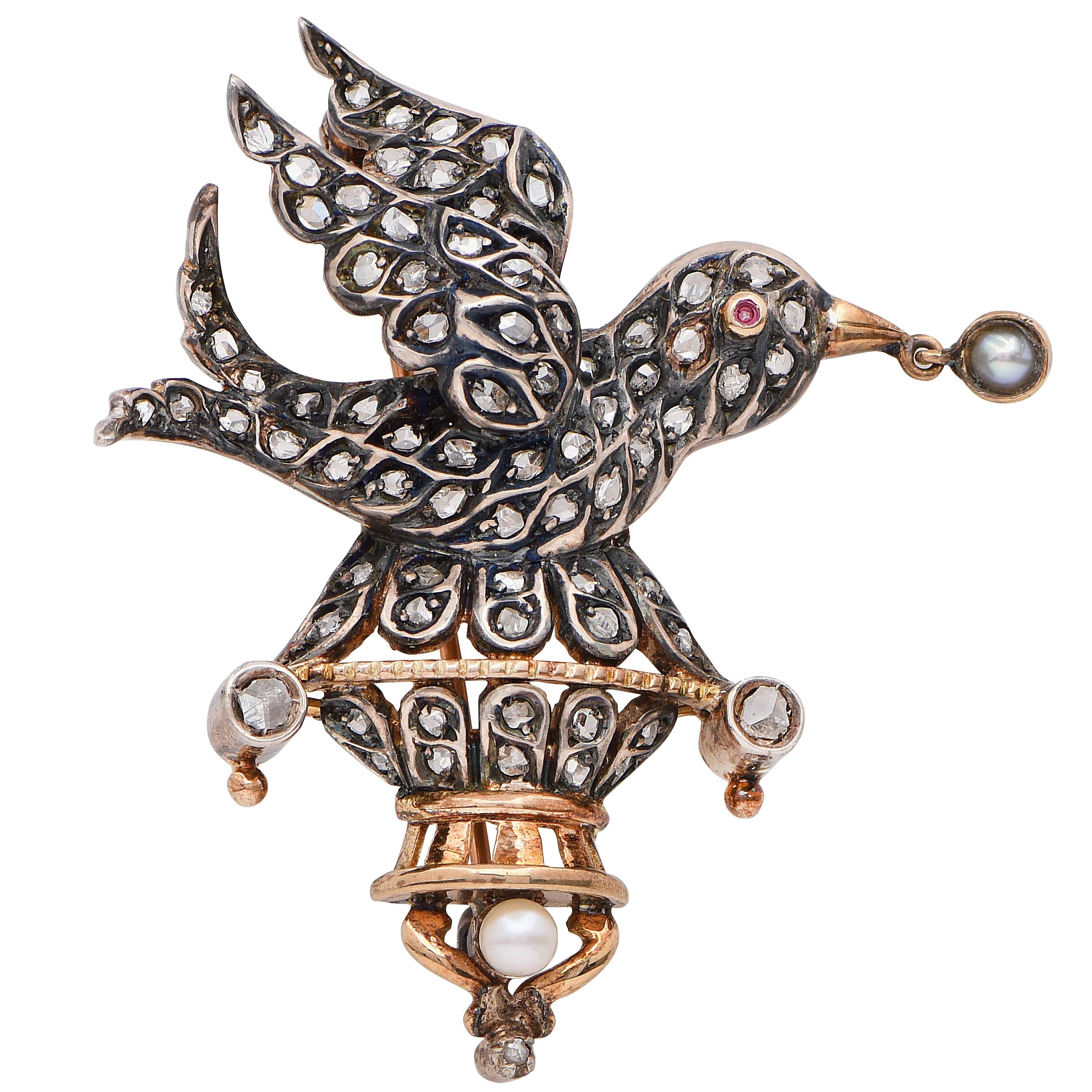 Viktorianische Vogelbrosche aus Gold mit Diamanten im Rosenschliff, gefasst in Silber mit Silberüberzug