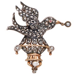 Antique Victorian Bird Brooch with Rose Cut Diamonds Set in Silver-Topped Gold