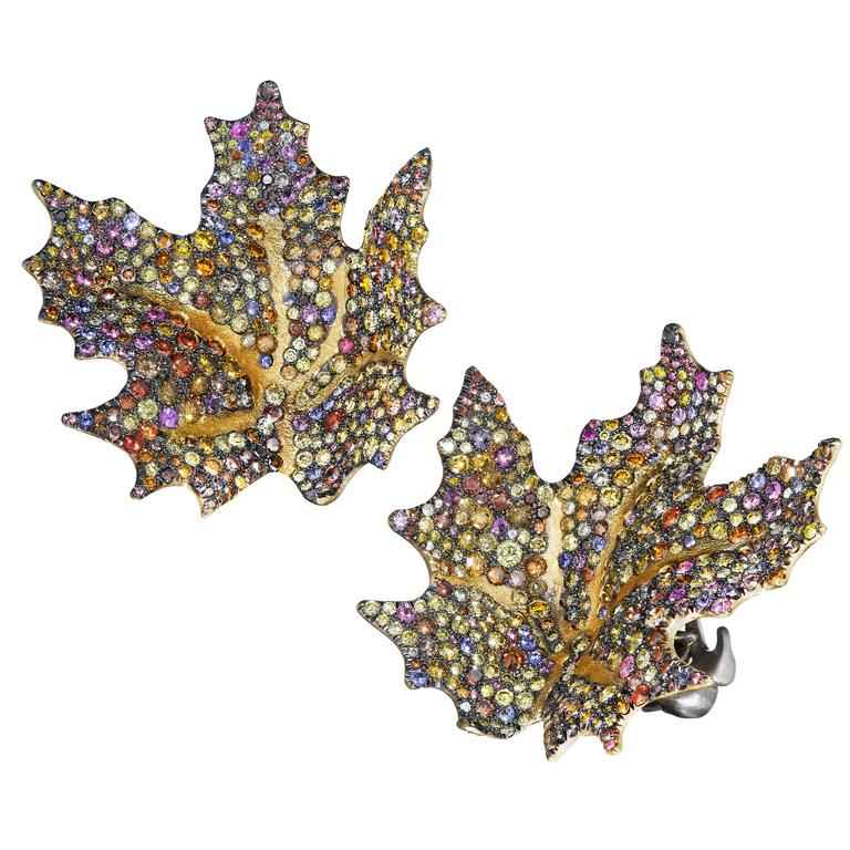 Naomi Sarna Sapphire Diamond Gold Maple Leaf Earrings For Sale at 1stDibs