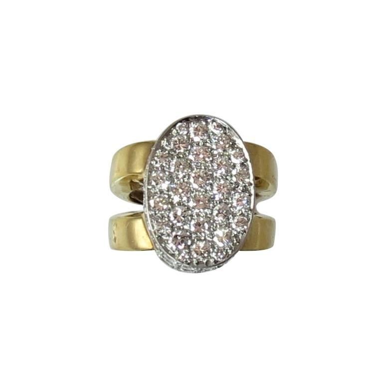 Wide Diamond Gold Oval Shape Split Shank Ring For Sale