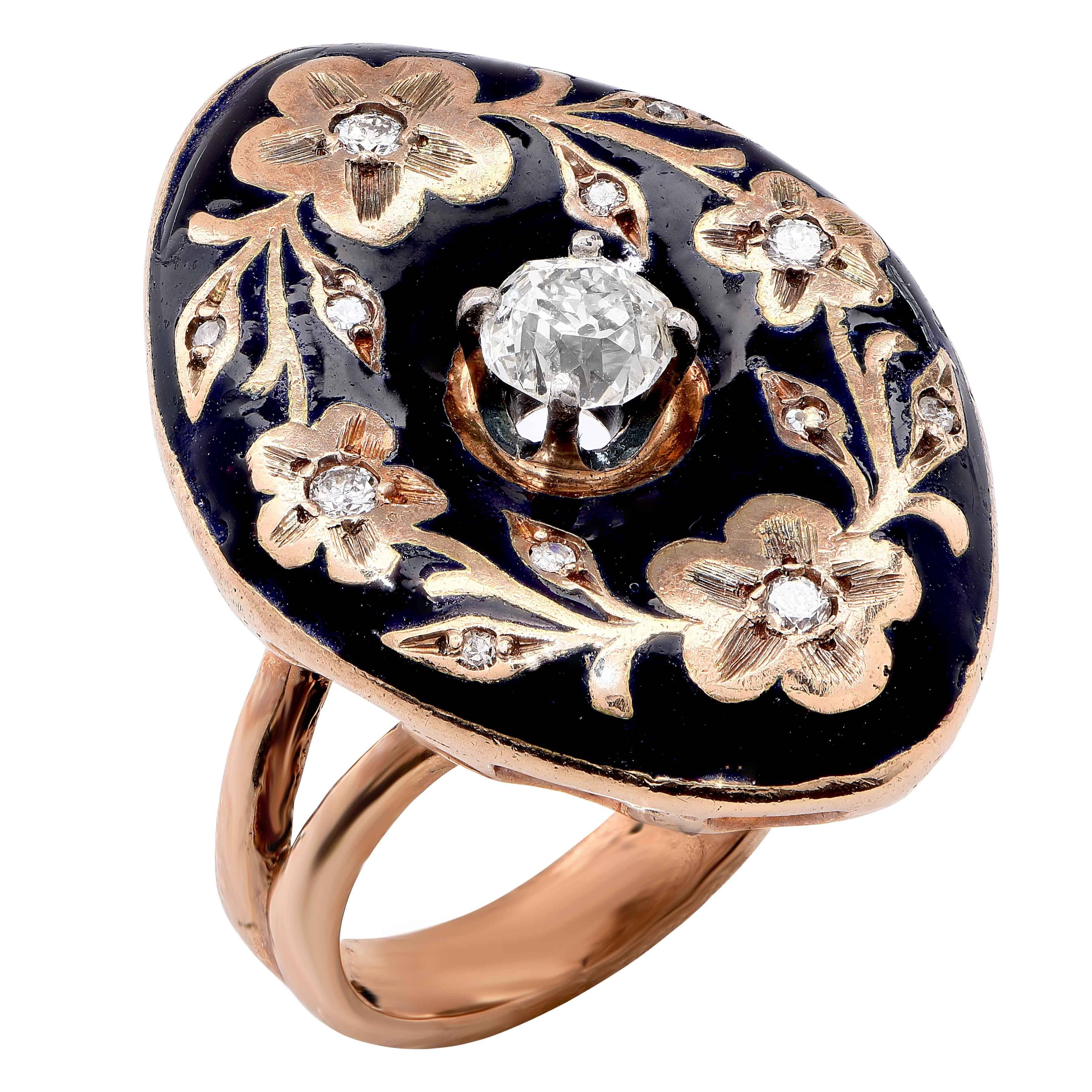 Enamel Diamond Gold Ring For Sale