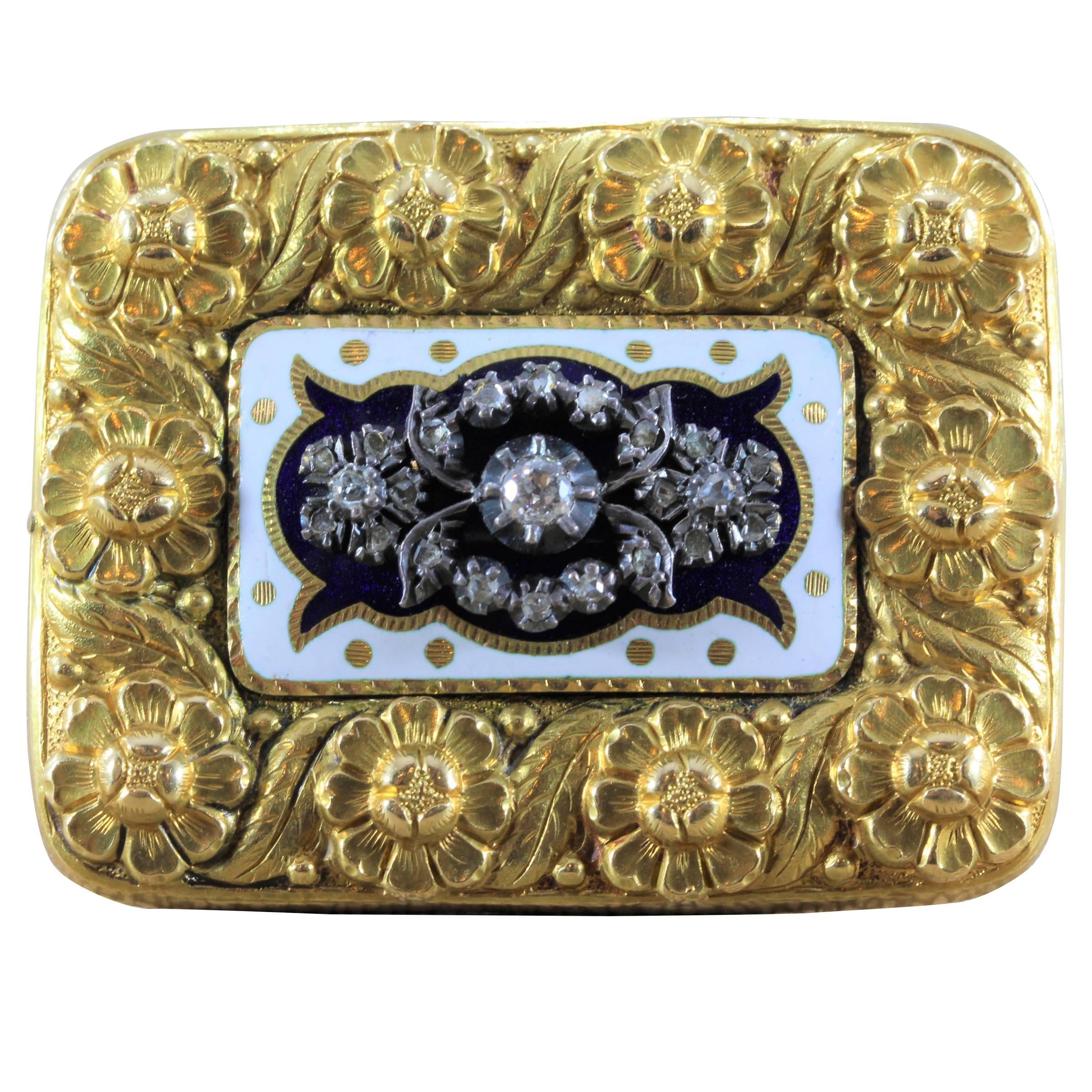 Florale Brosche aus Gold mit Diamant und Emaille im viktorianischen Stil