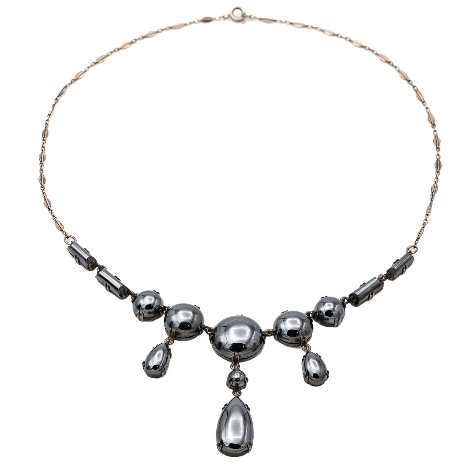 1930s Hematite and Sterling Silver Antique German Necklace