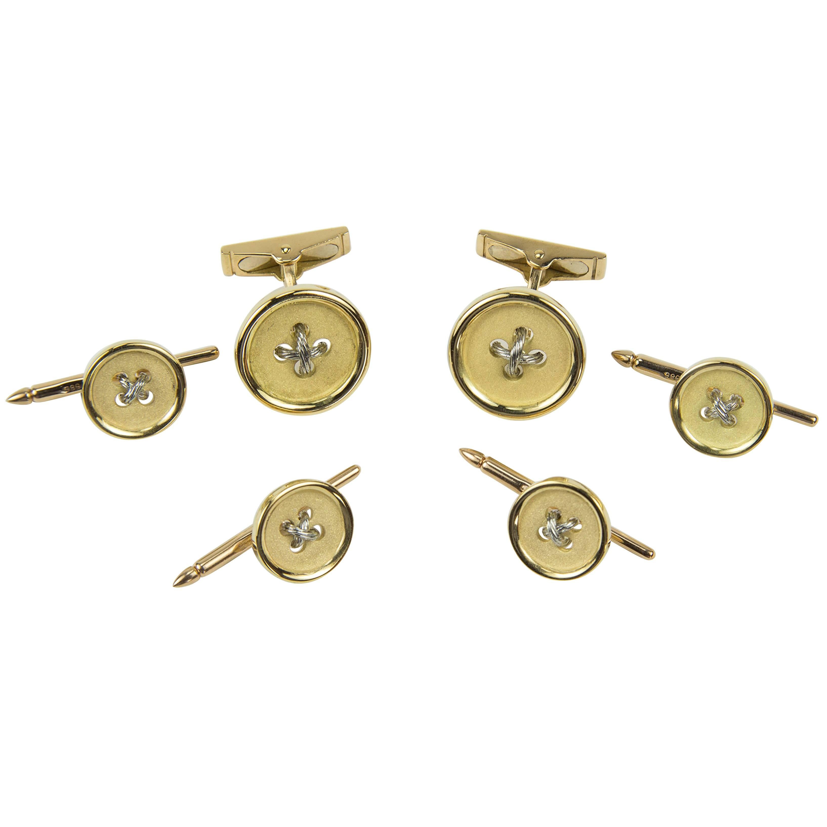 Button Cufflink and Matching Shirt Stud Gold Dress Set Estate Fine Jewelry For Sale