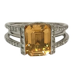 Emerald Shaped Citrine Diamonds White Gold Ring 