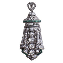 Art Deco Platinum Diamond Emerald Shield Pendant