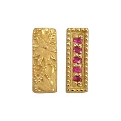 Ruby Yellow Gold Mismatching Floral Bar Earrings 6