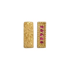 Ruby Yellow Gold Mismatching Floral Bar Earrings 1