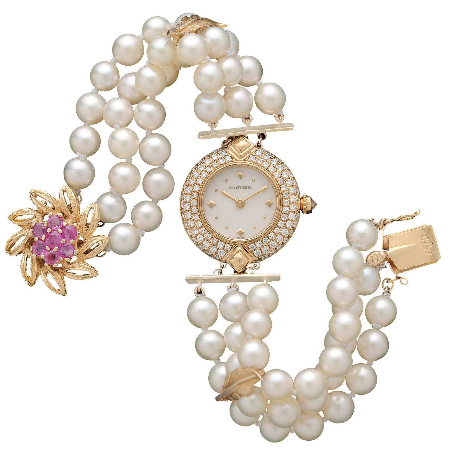 Cartier Ladies Yellow Gold Diamond Pearl One-of-a-Kind Wristwatch