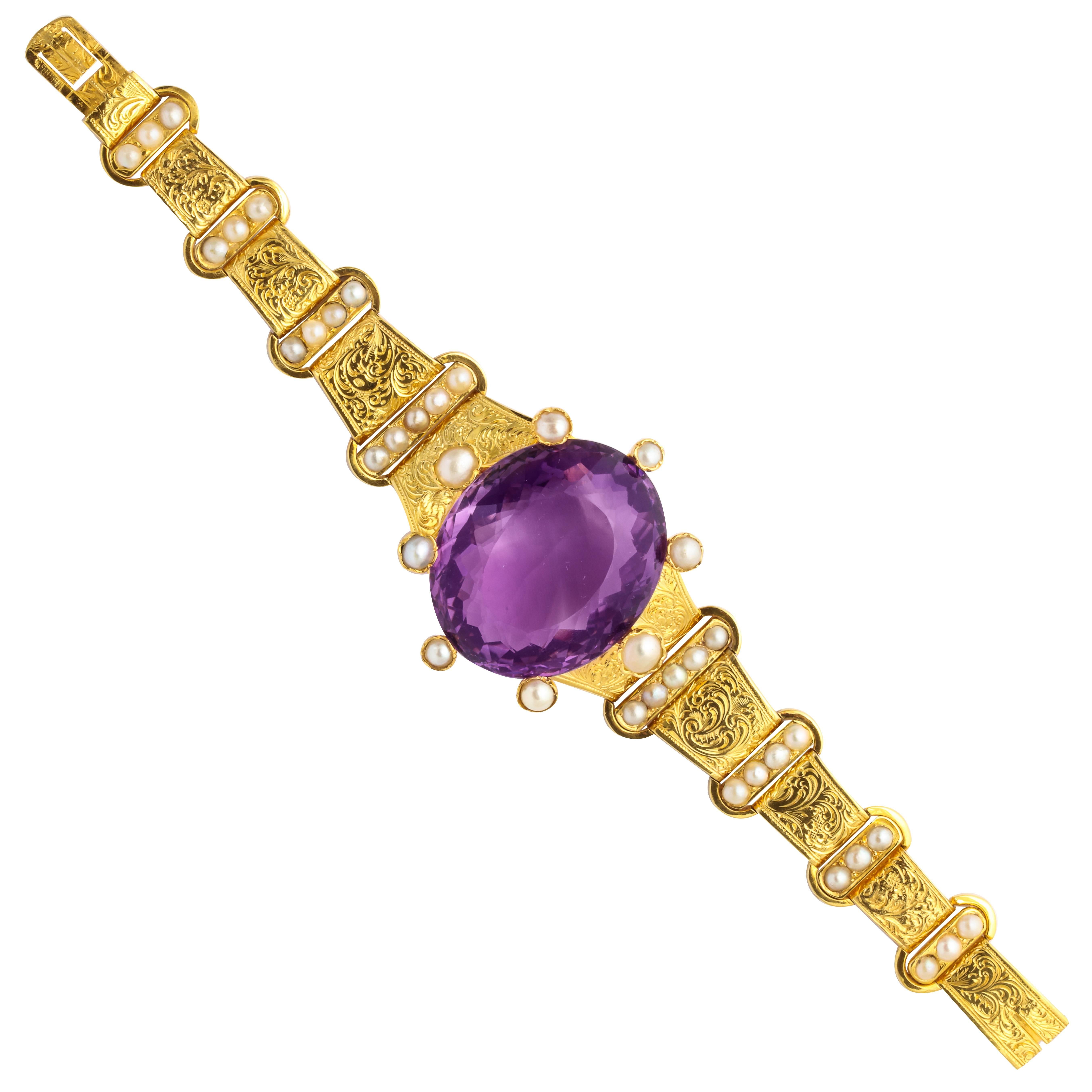18 kt Victorian Amethyst Pearl Gold Bracelet For Sale