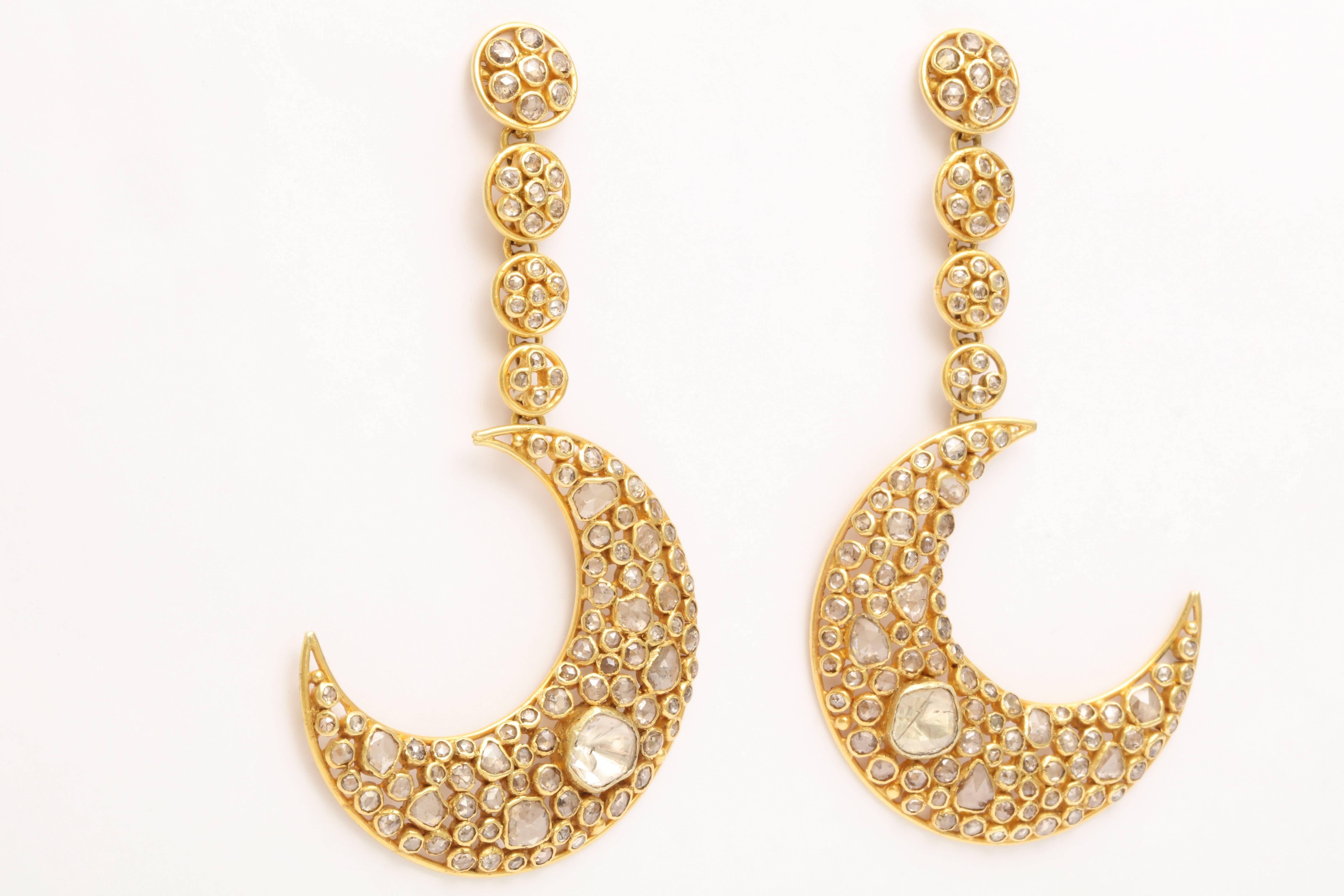 Anglo-Indian Diamond Gold Moon Earrings For Sale