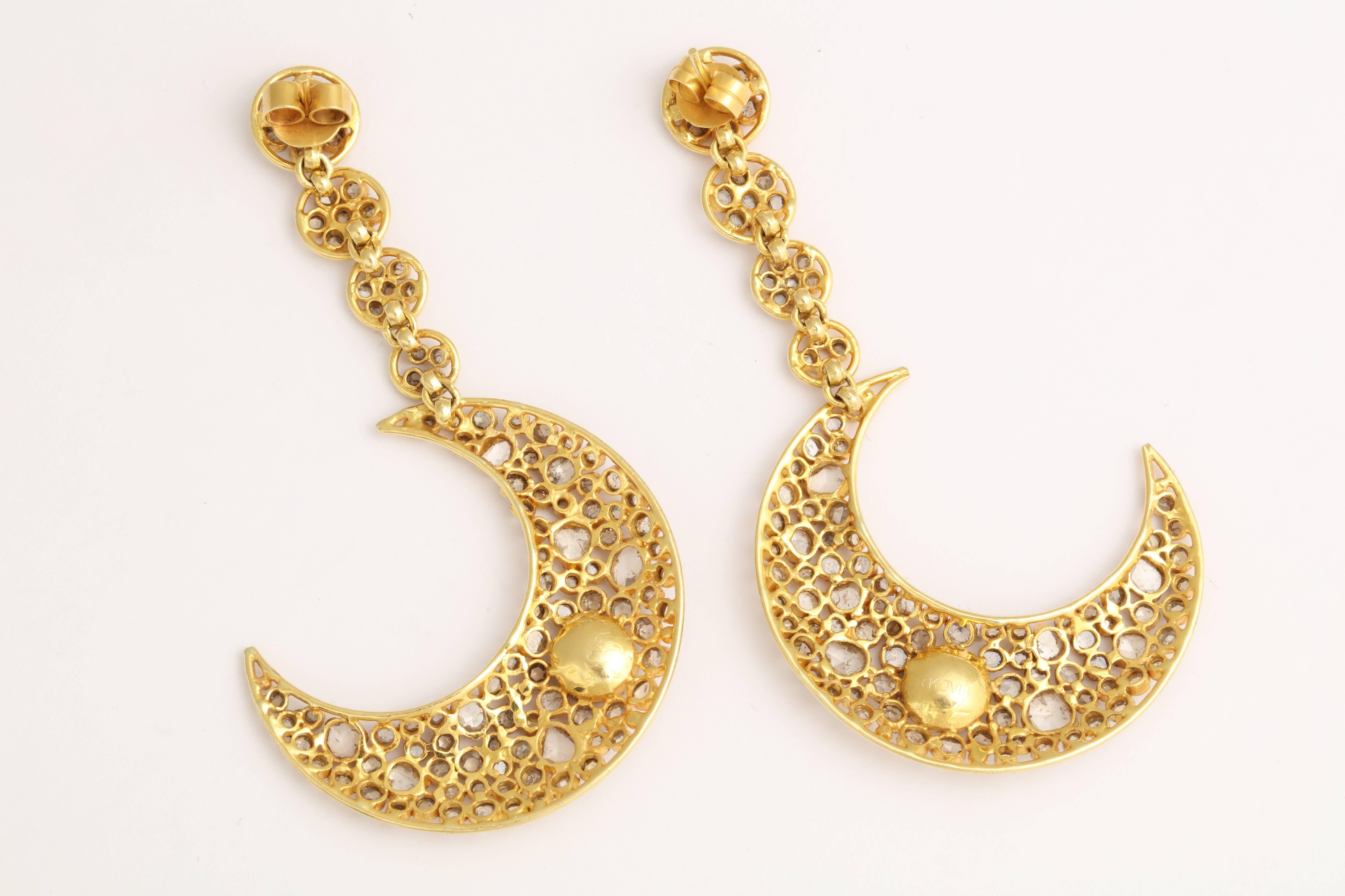 Diamond Gold Moon Earrings For Sale 1
