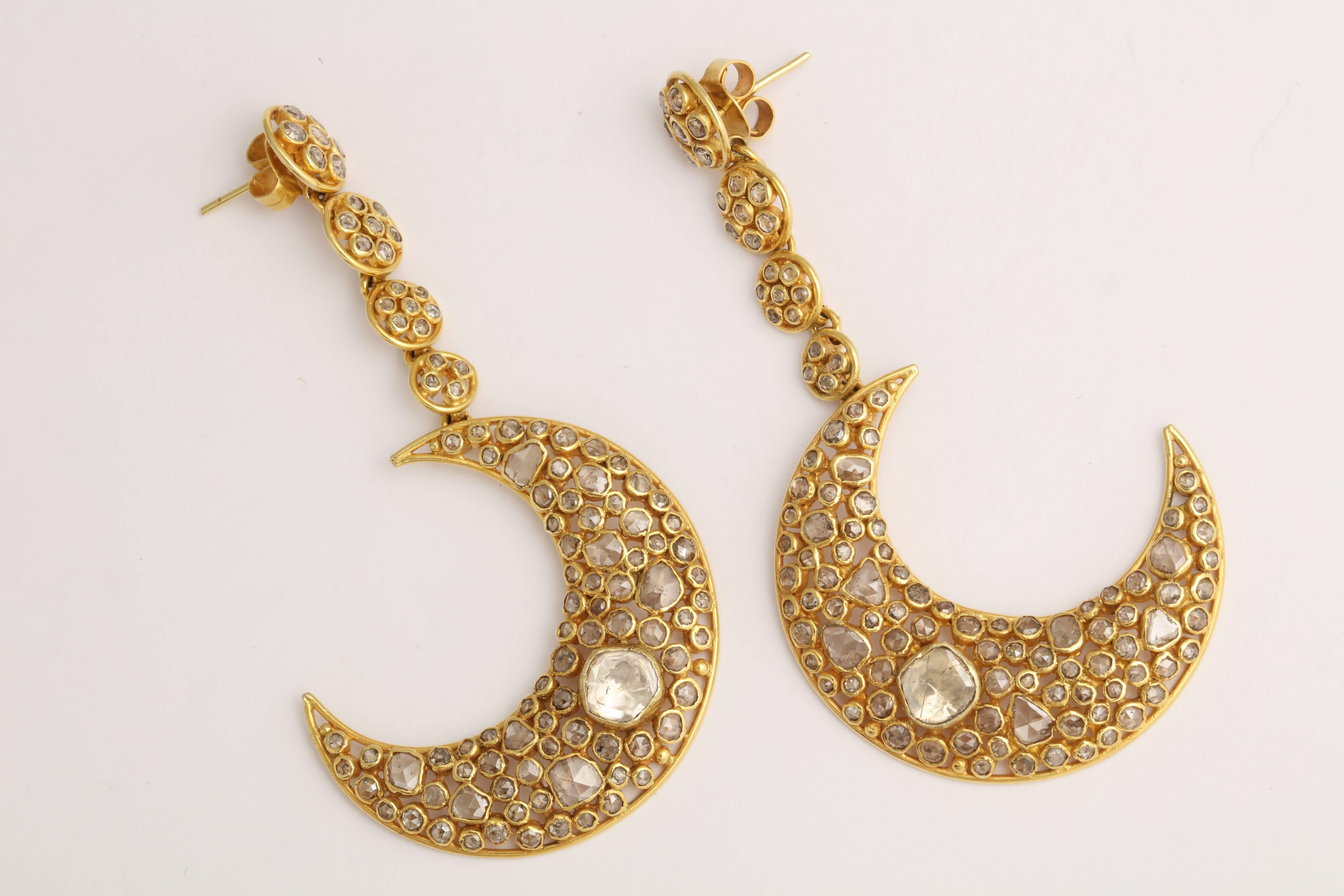Diamond Gold Moon Earrings For Sale 3