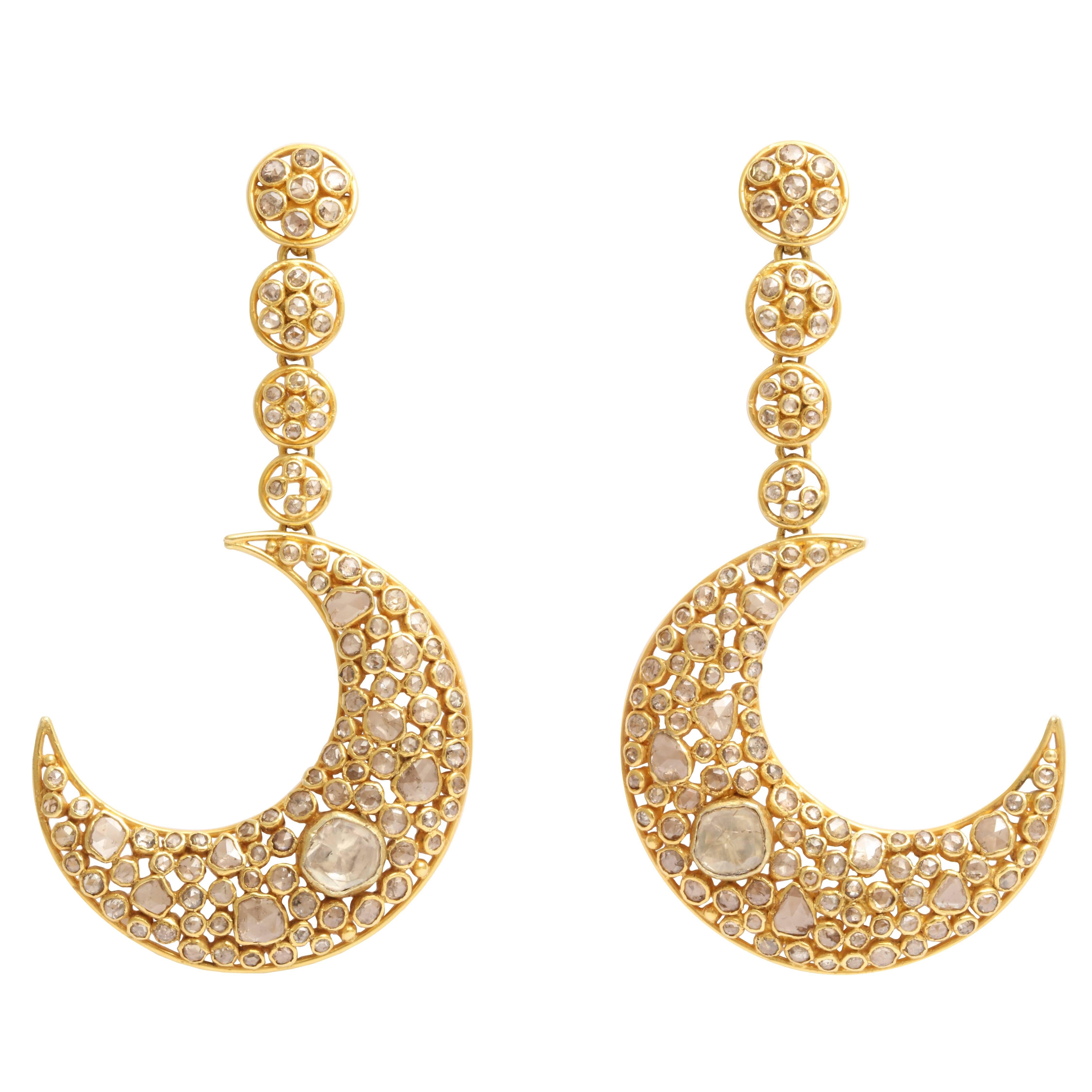 Diamond Gold Moon Earrings For Sale