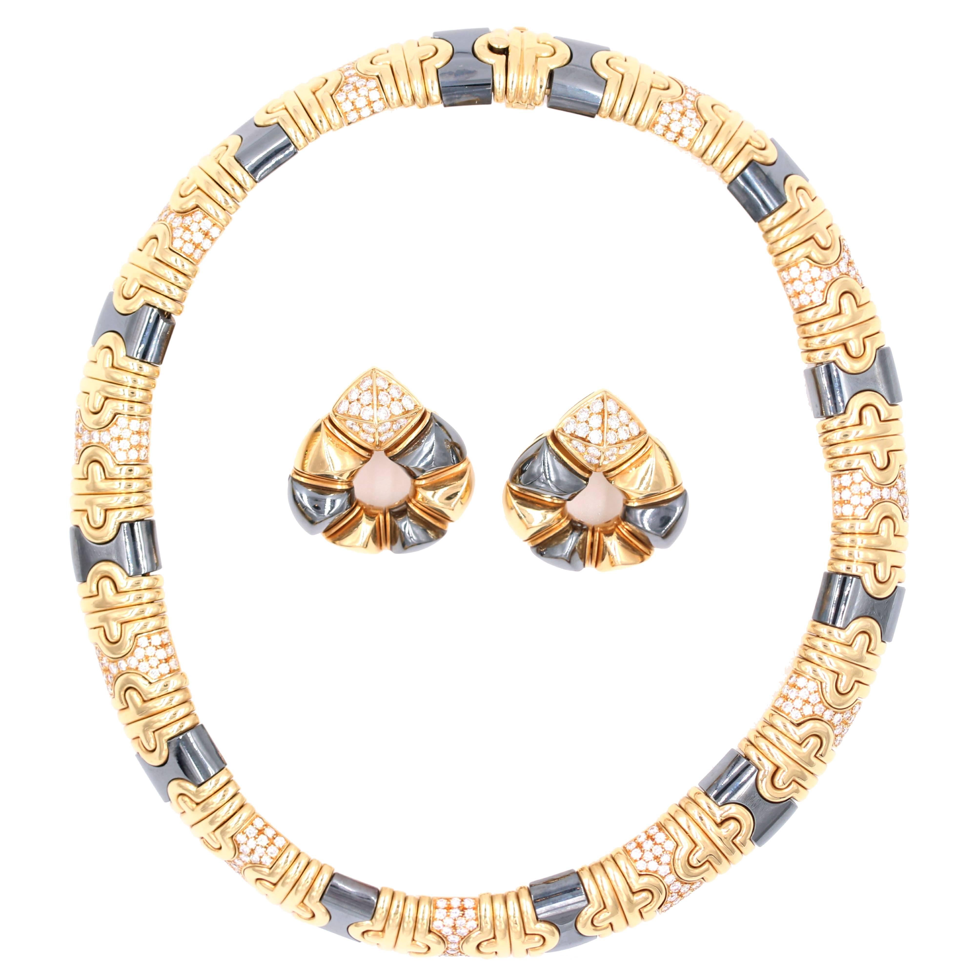 Bulgari Parentesi Hematite Diamond Yellow Gold Necklace and Earrings Set For Sale