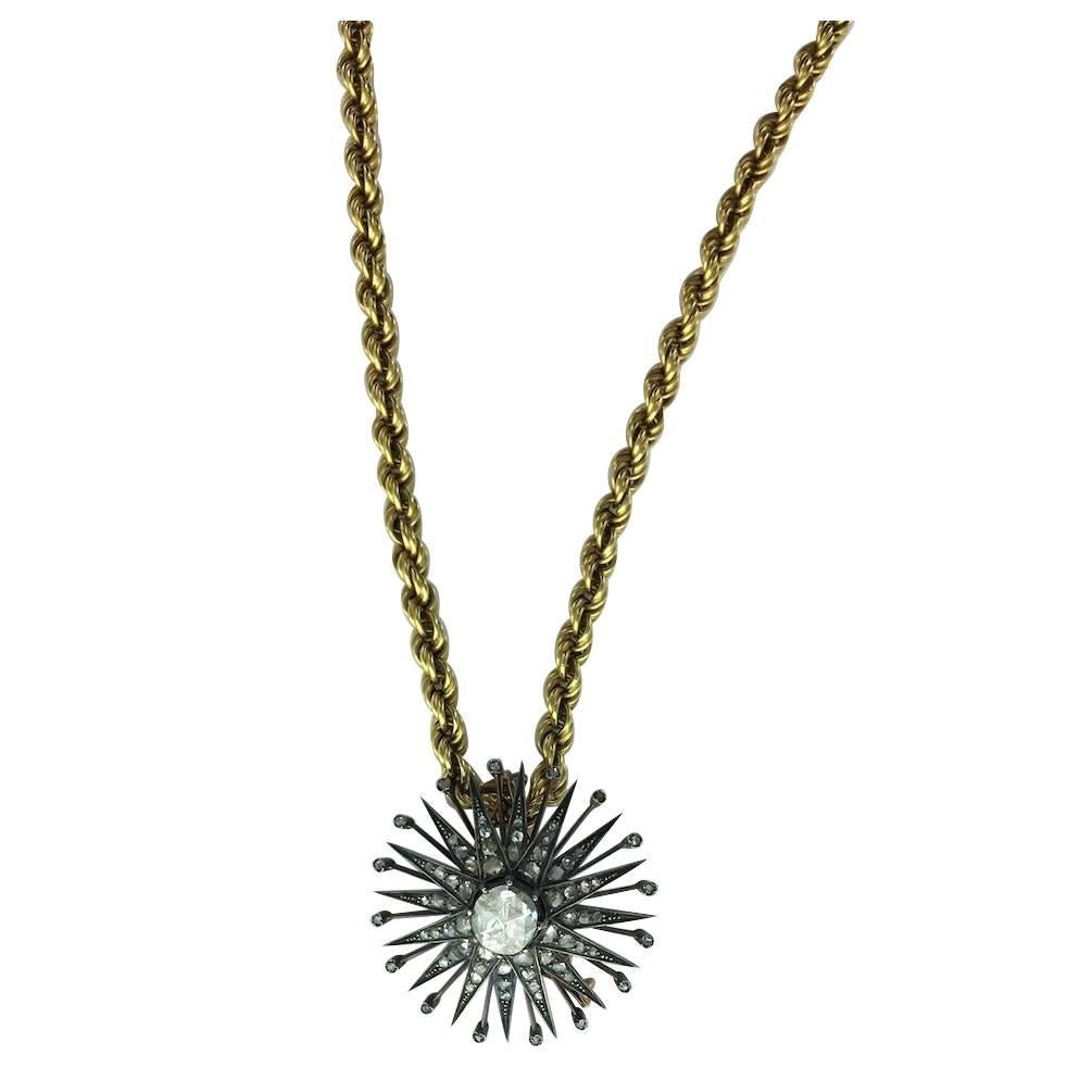 Antique Rose Cut Diamond Silver Gold Pendant Necklace Gold Chain