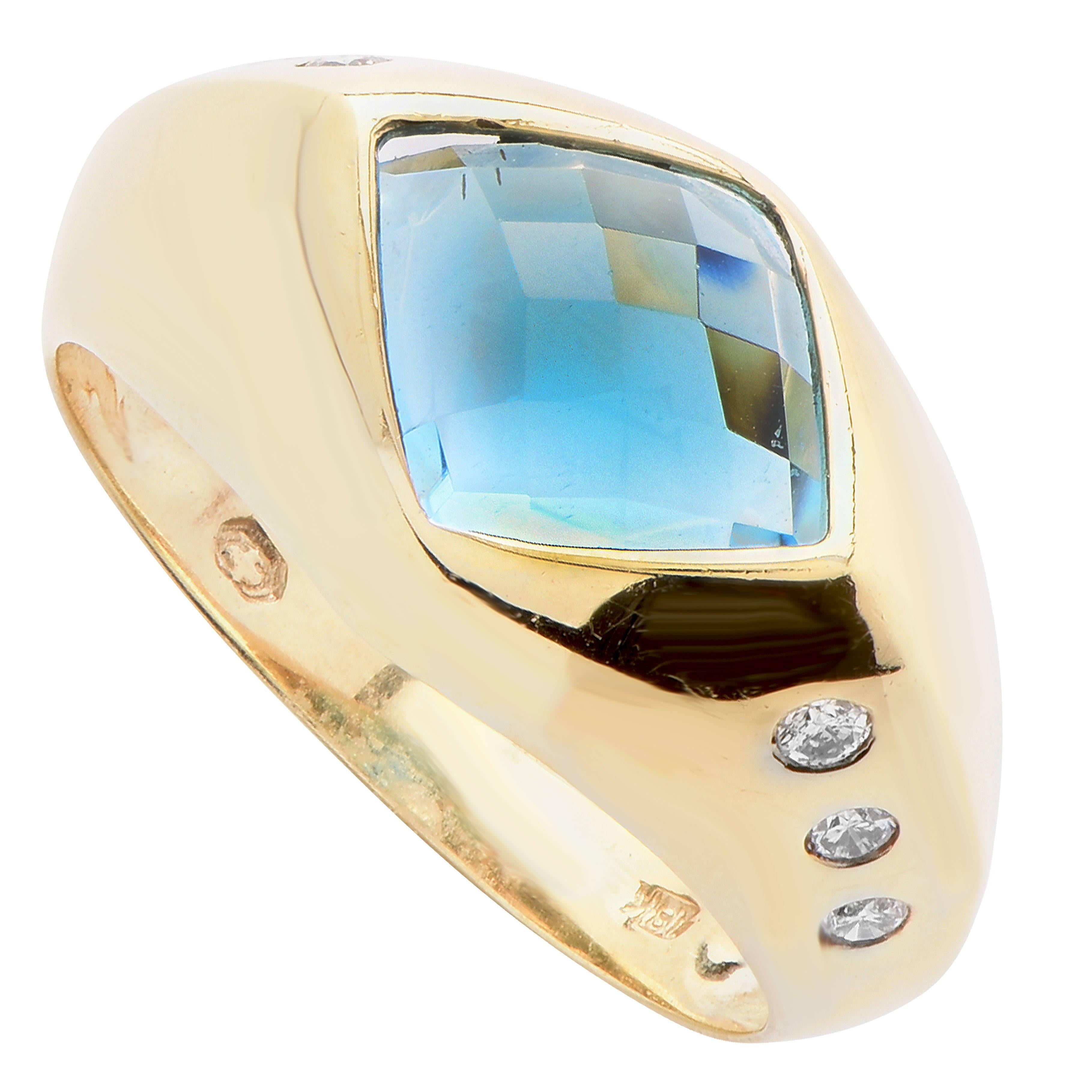 3.75 Carat Blue Topaz Diamond Yellow Gold Ring