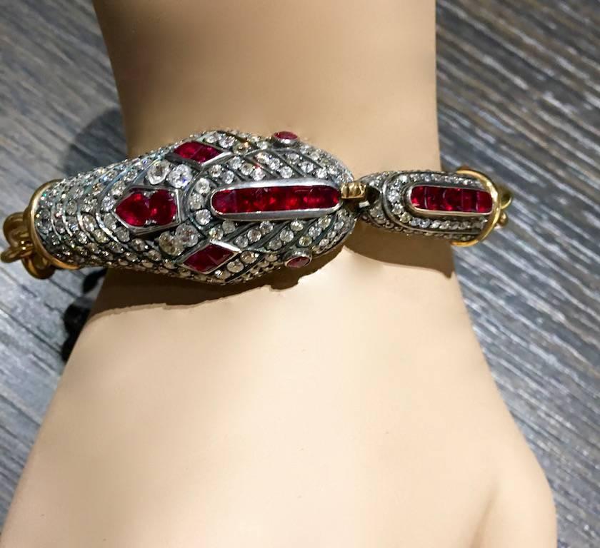 Ourobos Snake Diamond Ruby Gold and Silver Bracelet In Excellent Condition In Geneva, CH