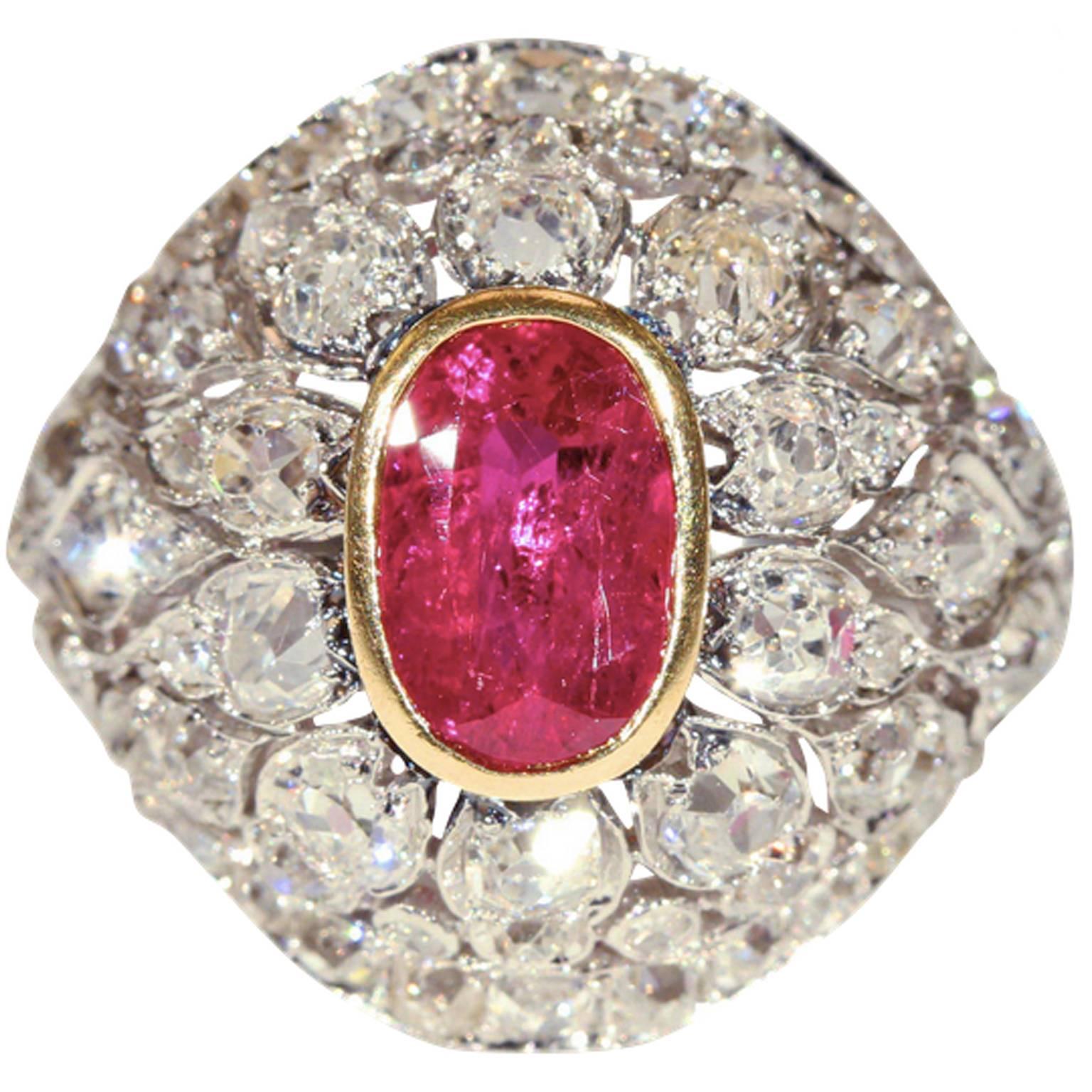 French Belle Époque Untreated Ruby Diamond Gold Ring For Sale