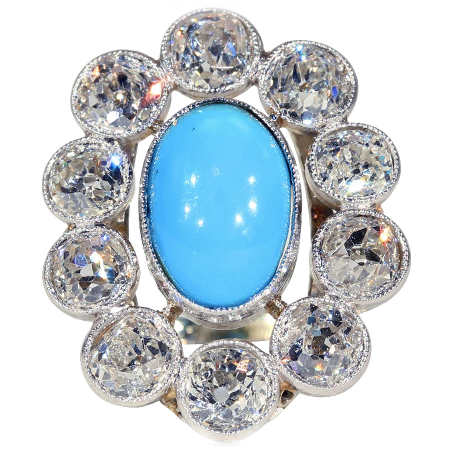 French Belle Époque Turquoise Diamond Gold Platinum Cluster Ring For Sale