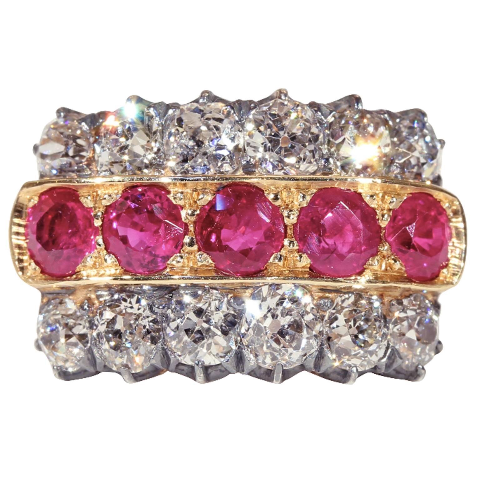 Victorian Diamond Ruby Silver Gold Ring For Sale