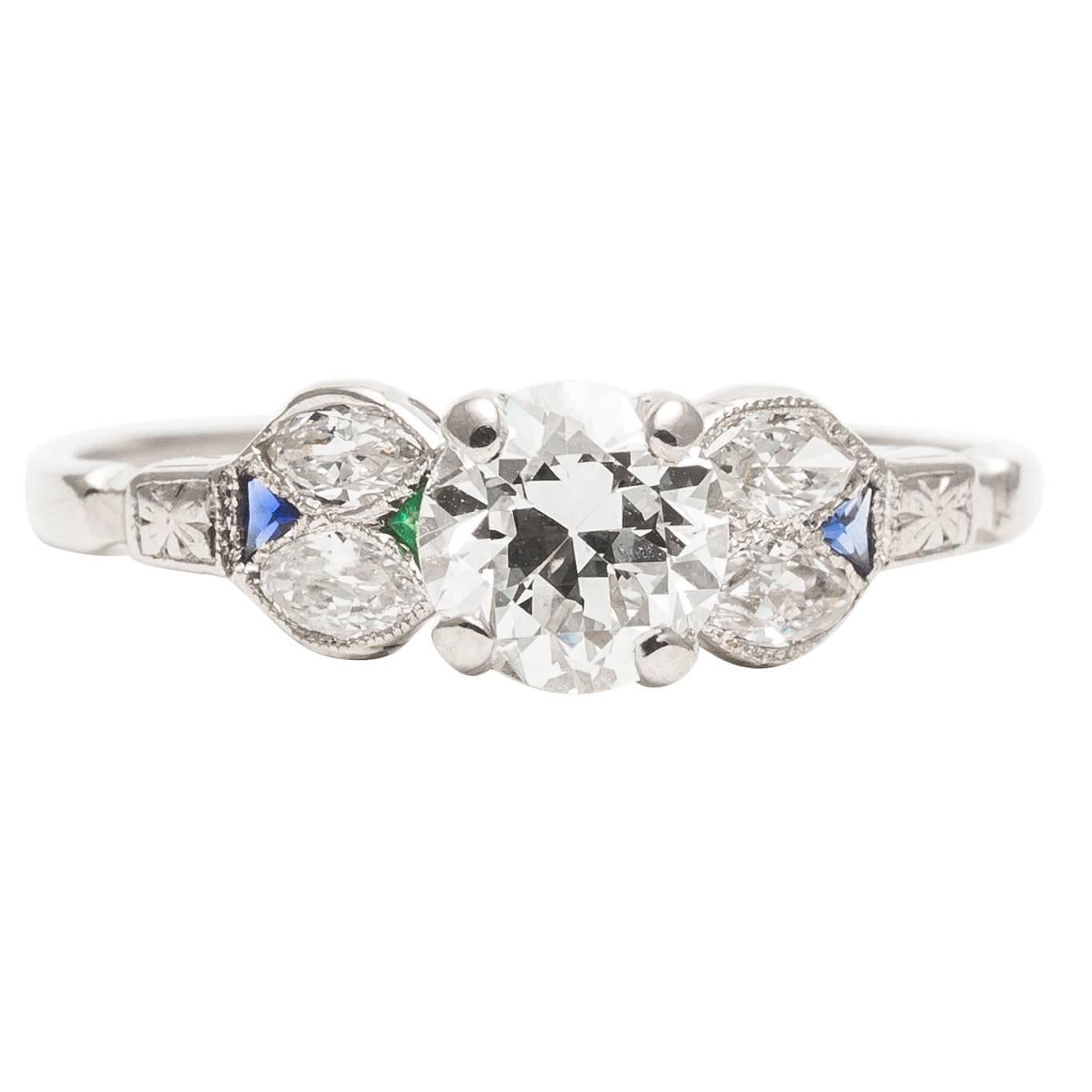 Art Deco 0.80 Carat Diamond, Emerald and Sapphire Engagement Ring For Sale