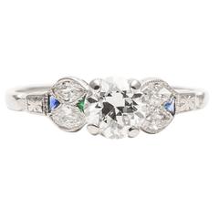 Art Deco 0.80 Carat Diamond, Emerald and Sapphire Engagement Ring