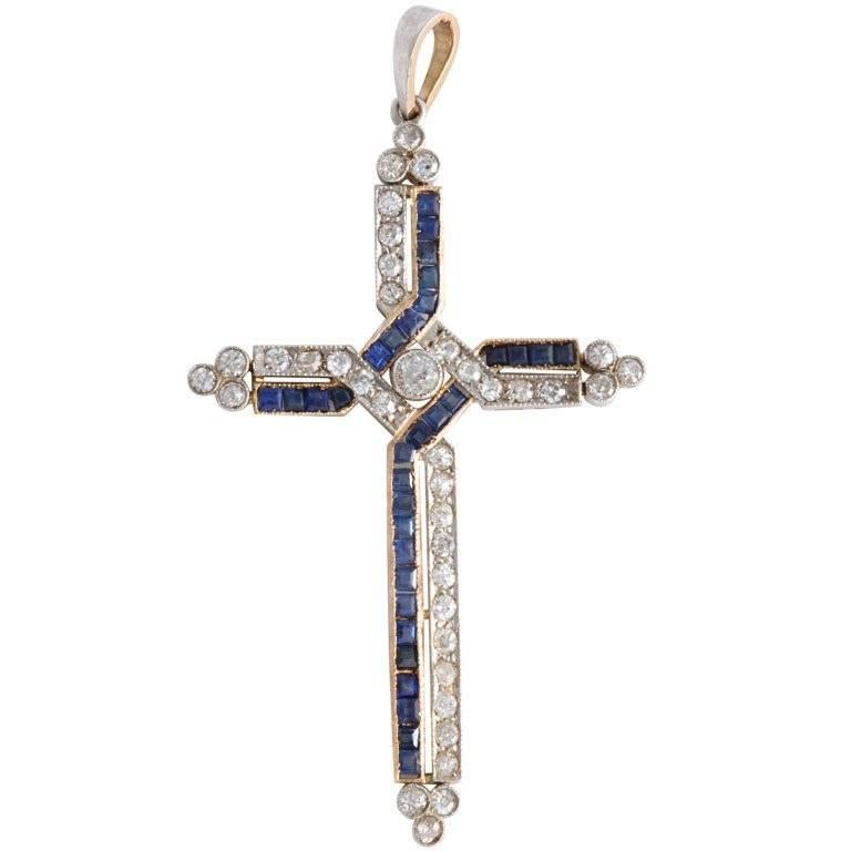 Diamond and Channel Set Sapphires Cross Pendant