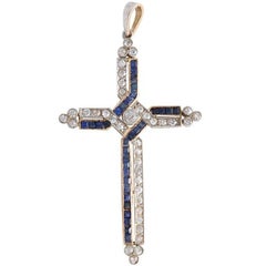 Vintage Diamond and Channel Set Sapphires Cross Pendant