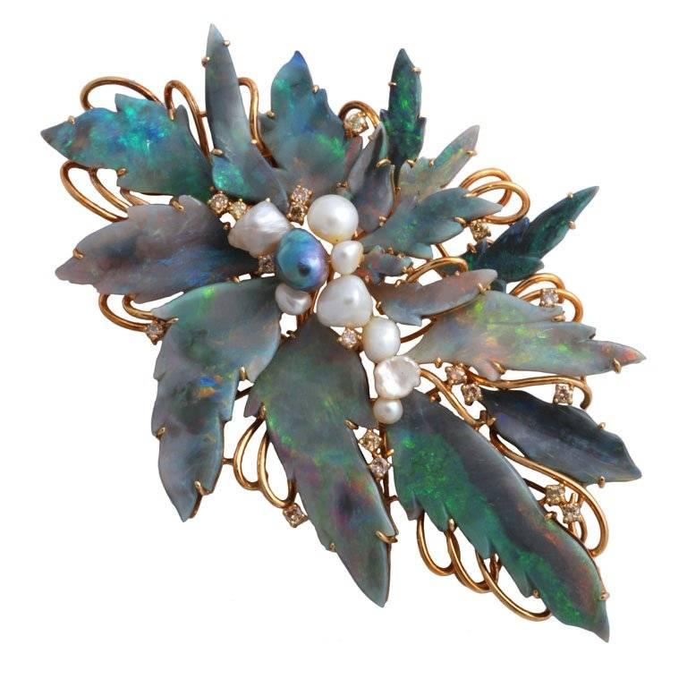 Unique 1960s Australian Mintabie Black Opal Natural Pearl Diamond Gold Brooch