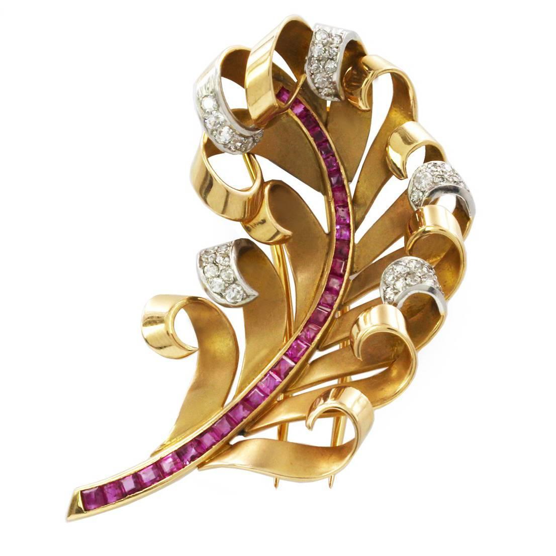 14K 1940s Ruby Diamond Gold Feather Brooch