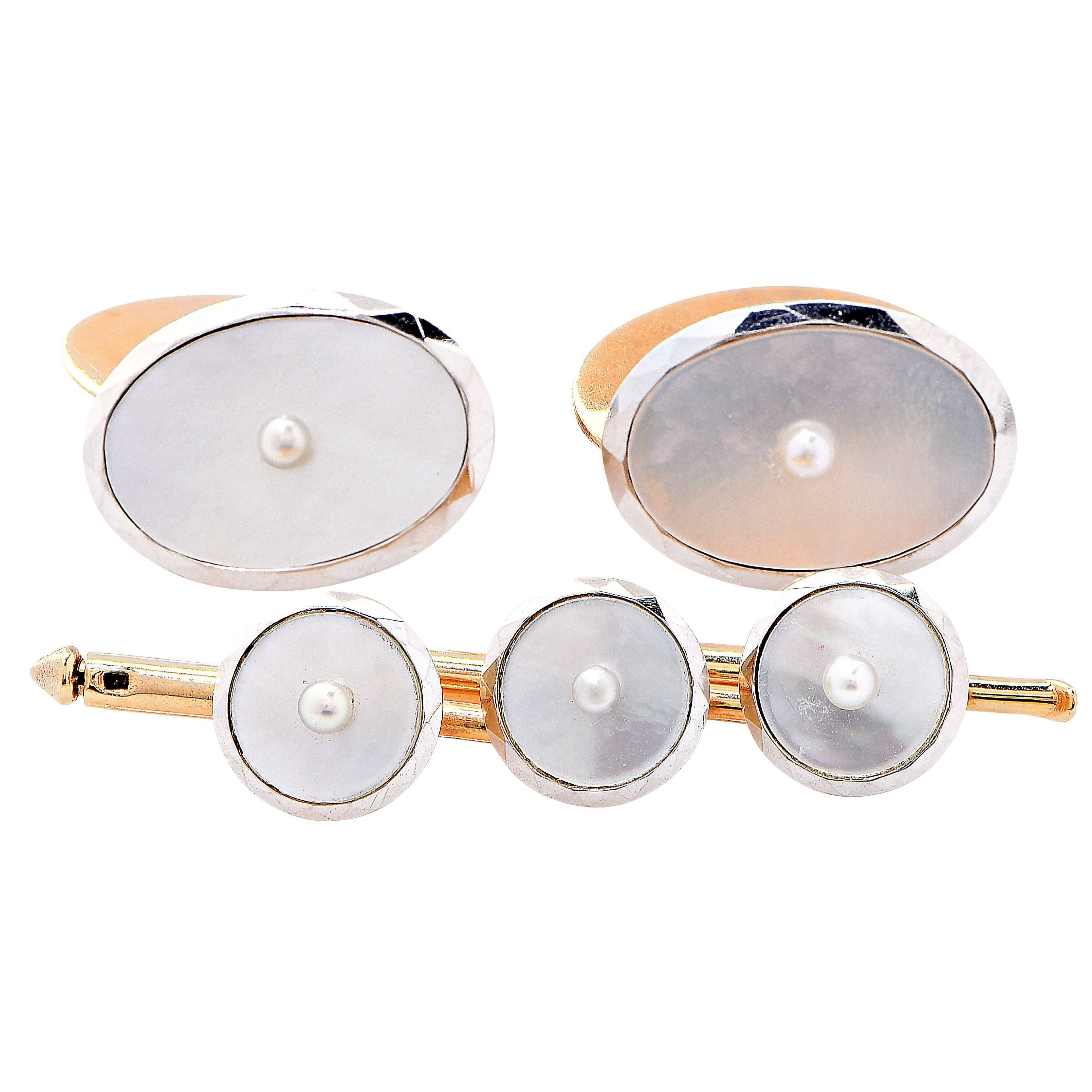 Mother of Pearl Stud and Cufflink Set For Sale